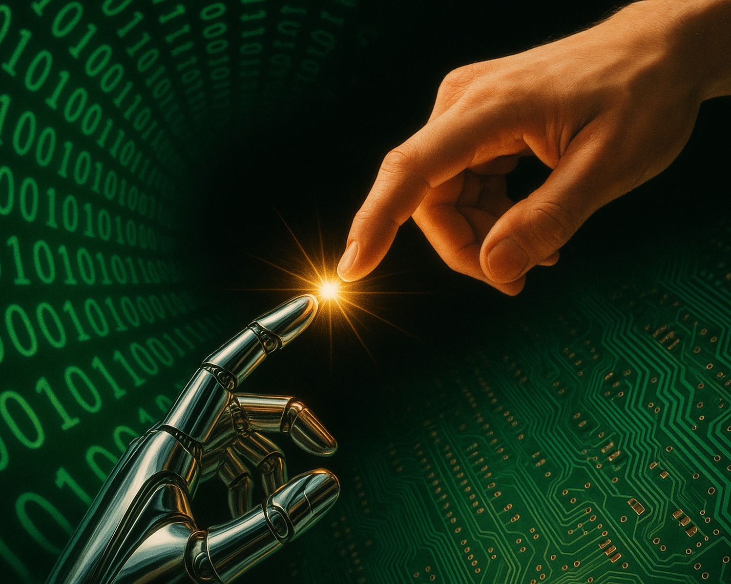 A human hand and a machine hand meeting at a spark — the Asylum Software brochure cover, reshot in 2026.